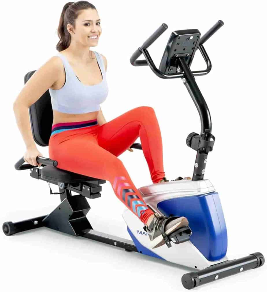 A lady rides the Marcy Recumbent Bike ME-1019R  