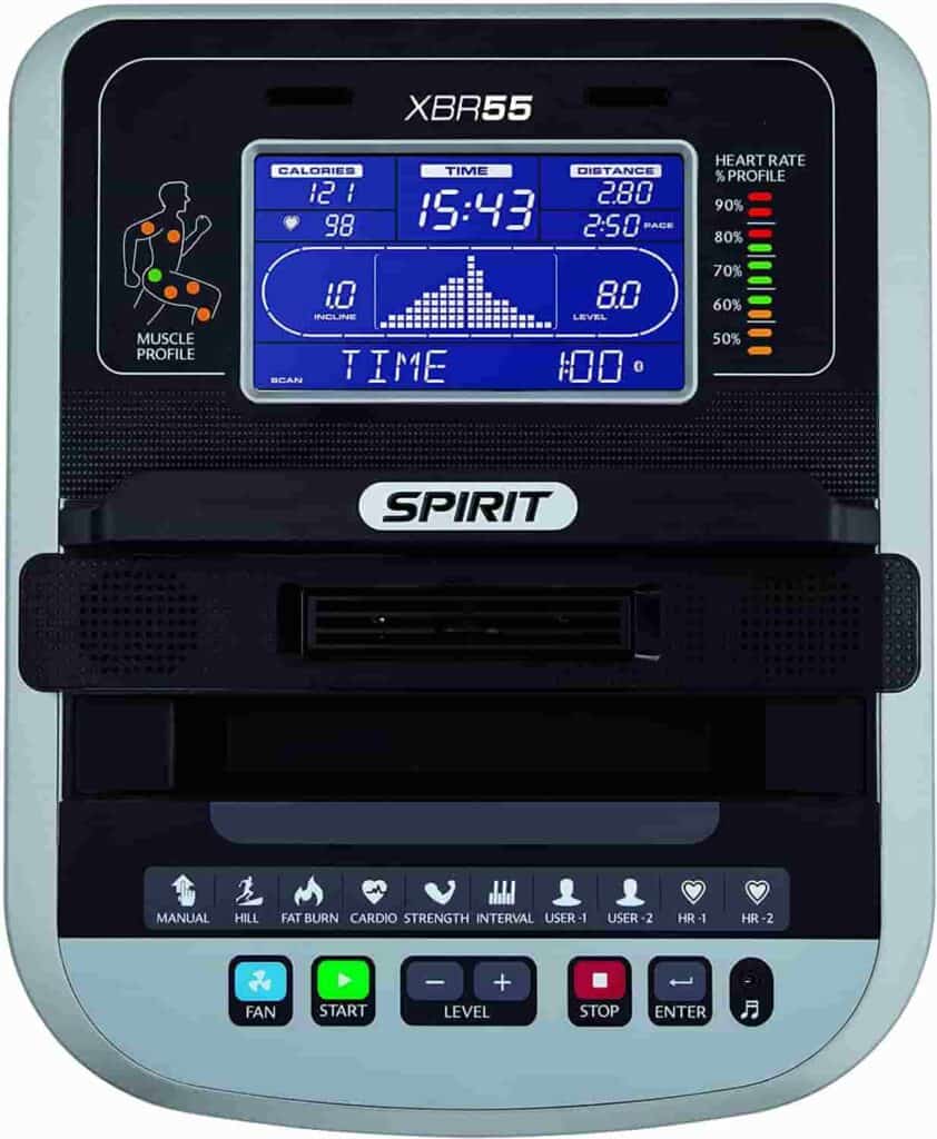 The console of the Spirit Fitness XBR55 Recumbent Bike