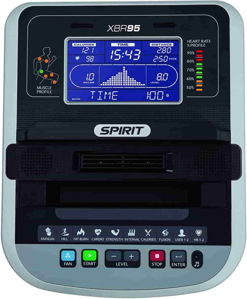 The console of the Spirit Fitness XBR95 Recumbent Bike