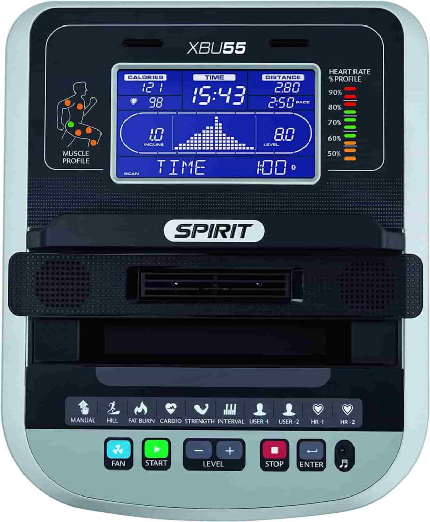 The console of the Spirit Fitness XBU55 Upright Bike