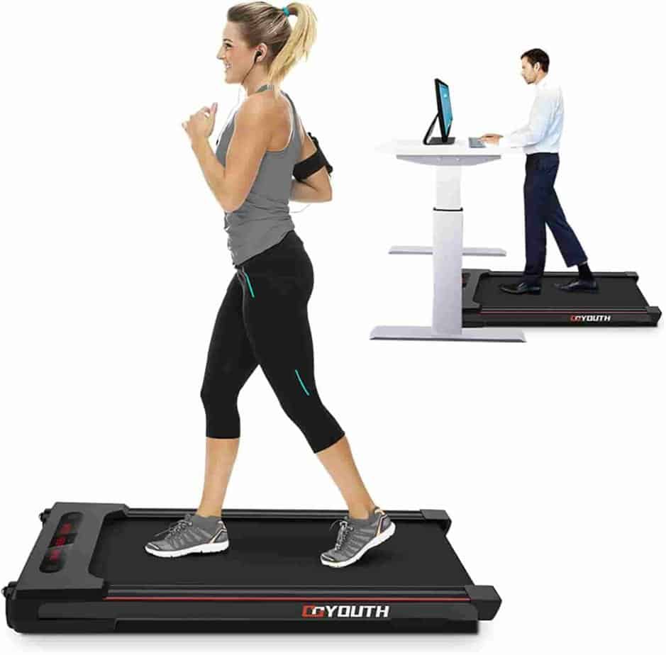 The GOYOUTH 2-in-1 Under-Desk Treadmill is being used under the desk and as a standalone