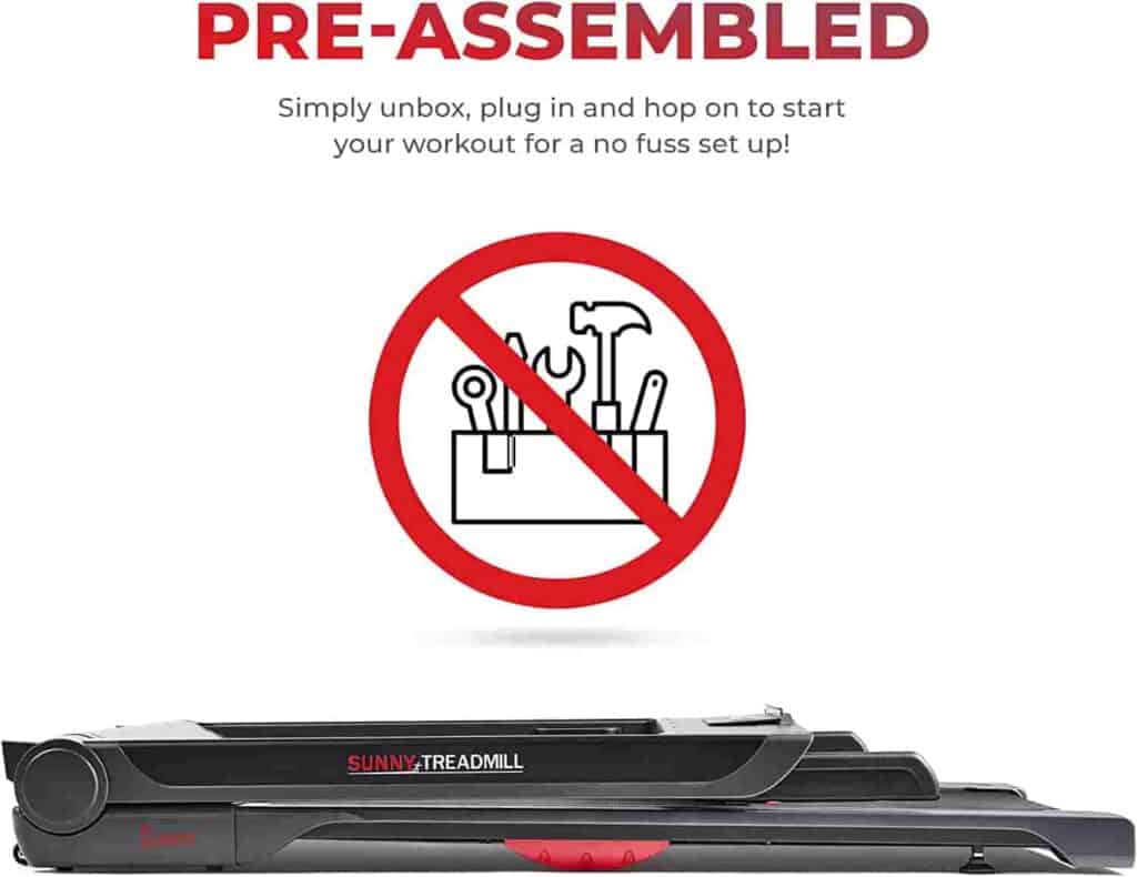 The Sunny Health & Fitness SF-T7718SMART Treadmill folded for storage