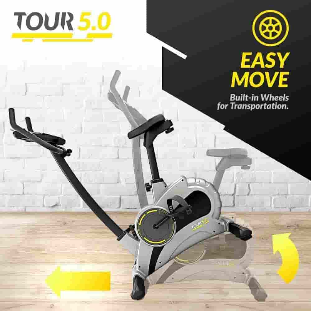 Transport wheels of the Bluefin Fitness TOUR 5.0 Upright Exercise Bike for relocation process