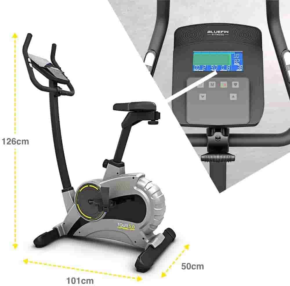 Bluefin Fitness TOUR 5.0 Upright Exercise Bike and its console 
