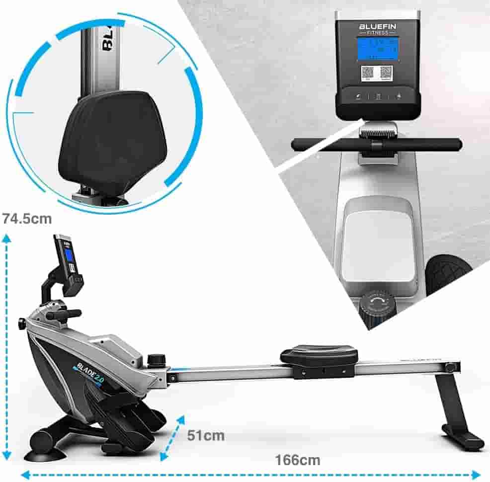 The seat and the console of the Bluefin Fitness Blade 2.0 Magnetic Rower