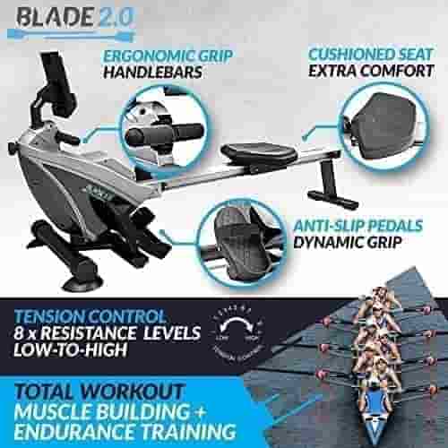 Tne handlebar, the seat, and the footrests of the Bluefin Fitness Blade 2.0 Magnetic Rower