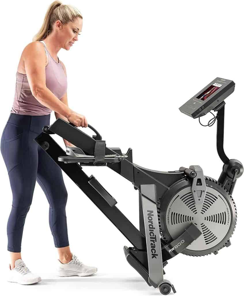 The folded version of the Nordic Track RW600 Air & Magnetic Rower 