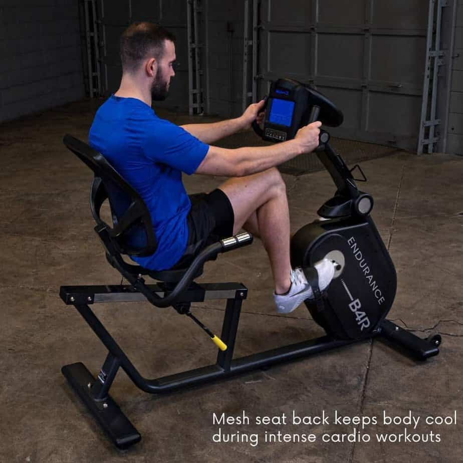 The seat of the Body-Solid B4R Endurance Recumbent Bike provides lumbar support