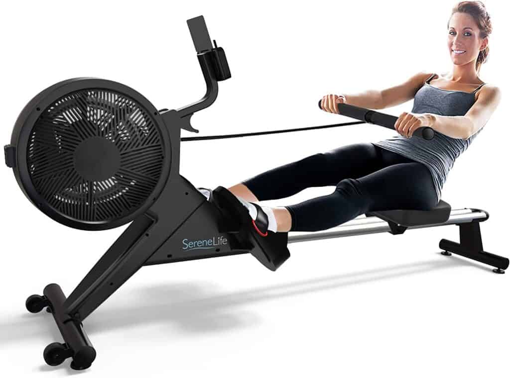 A lady exercises with the SereneLife SLRWMC60 Rower