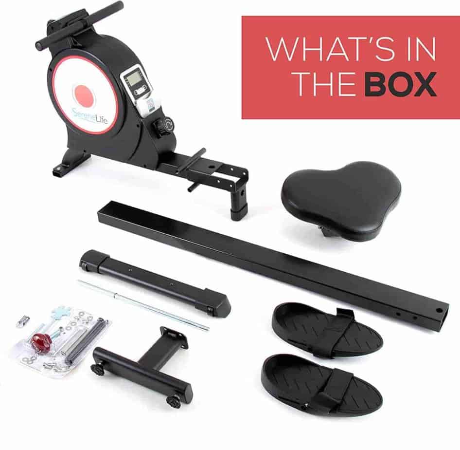 The assembly parts of the SereneLife SLRWMC10 Magnetic Rowing Machine