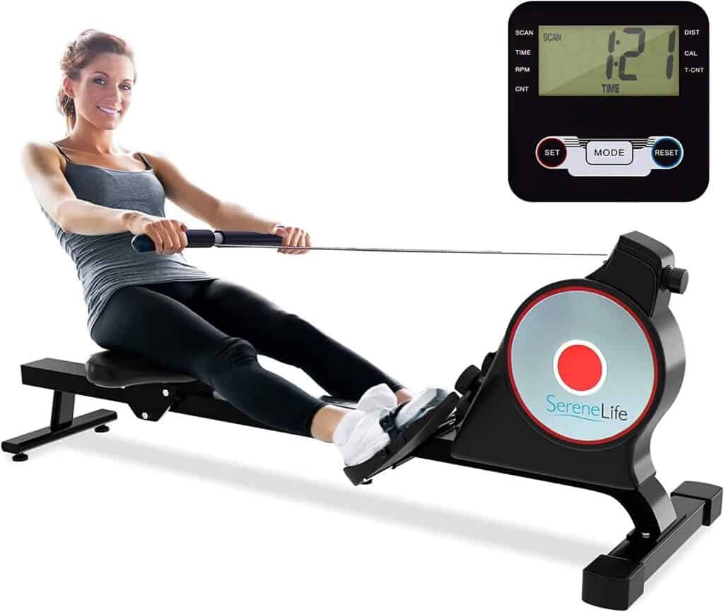 A lady exercises with the SereneLife SLRWMC10 Magnetic Rowing Machine