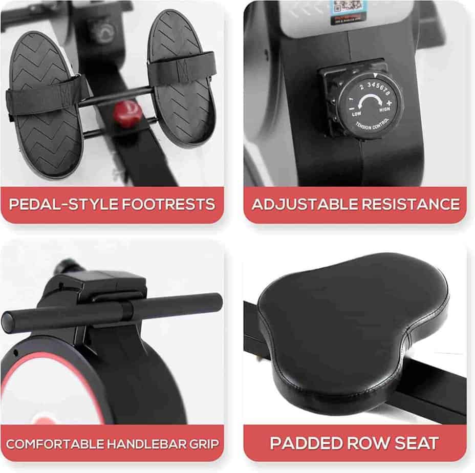 The seat, handlebar, footrests and the tension control knob of the SereneLife SLRWMC10 Magnetic Rowing Machine