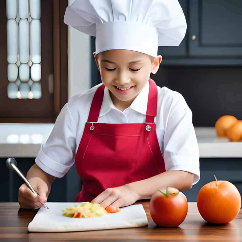 A kid wearing a chef's choth in a cooking competition