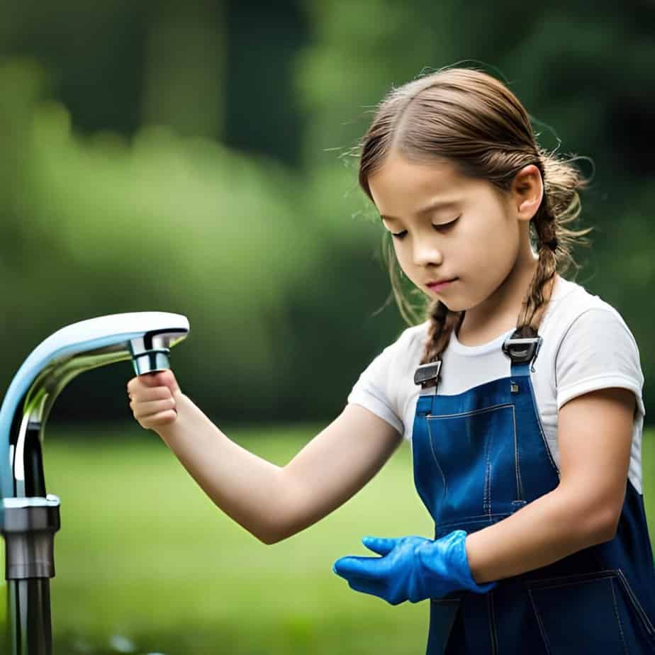 A kid washes her dirty hand with the tap water