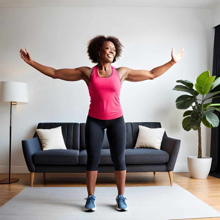 A woman exercises in her living room