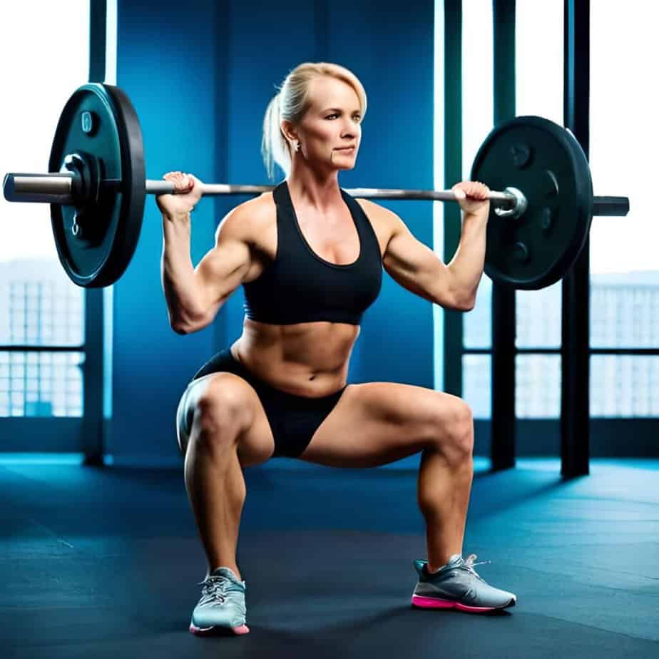 Over 40 years old woman does squats with a barbell on her  shoulder