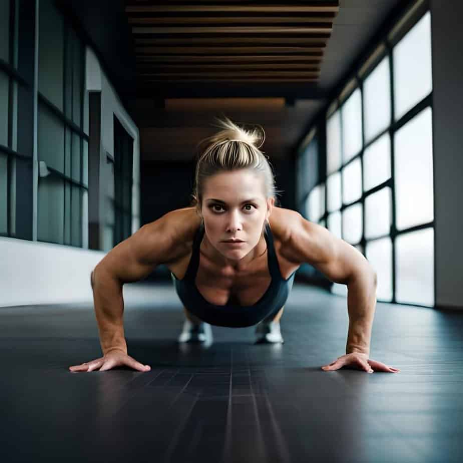Over 40 years woman does push ups in a gym with lots of focuse in her eyes
