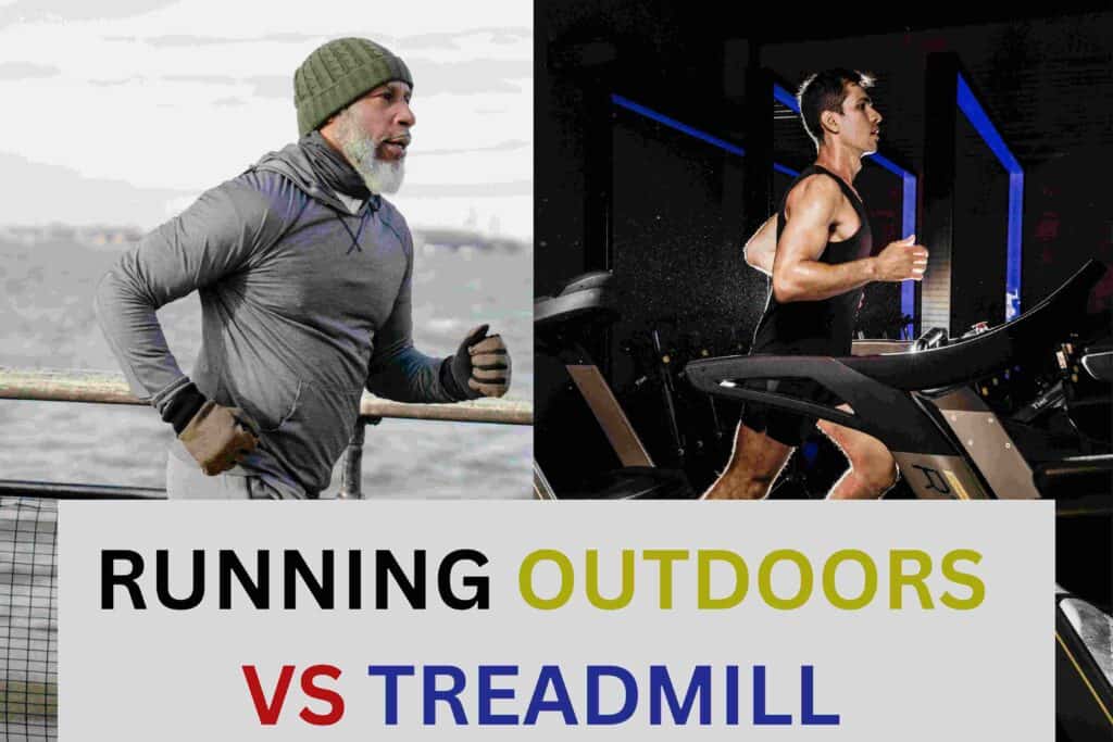 One man is jogging outside while the other is exercising on a treadmill