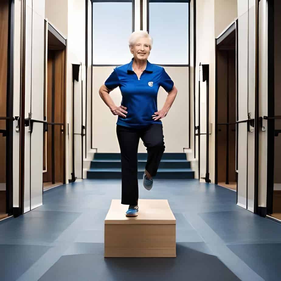 A senior lady doing step-ups exercise