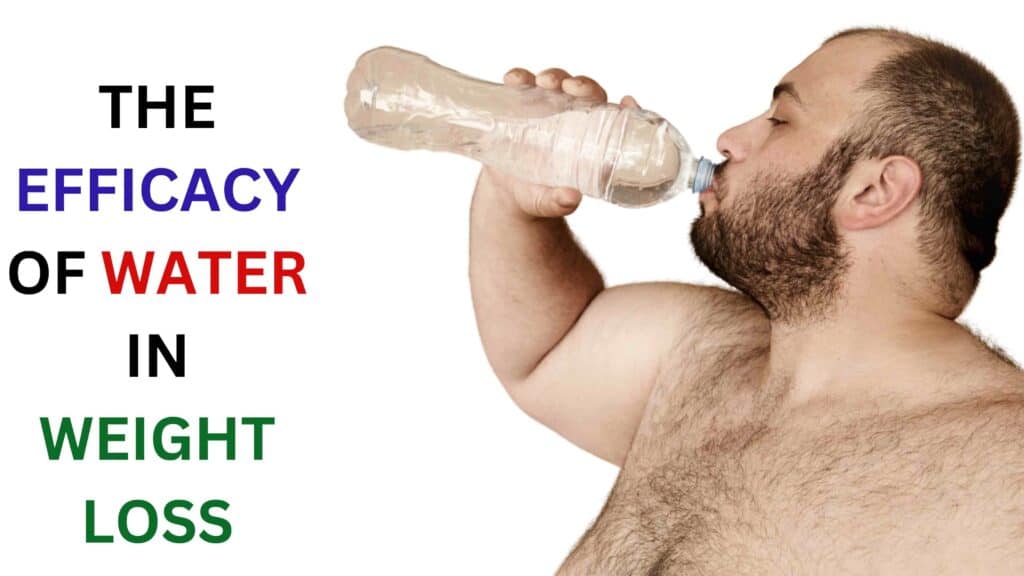 An overweight man drinks water from a bottle