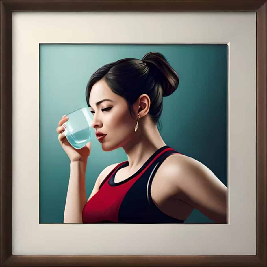 A lady drinks water out of a glass cup