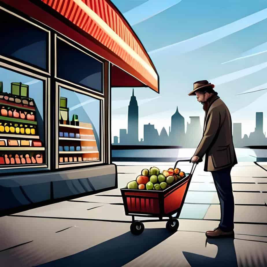 A man pushes a cart full of fruits he purchased from the front of a grocery store
