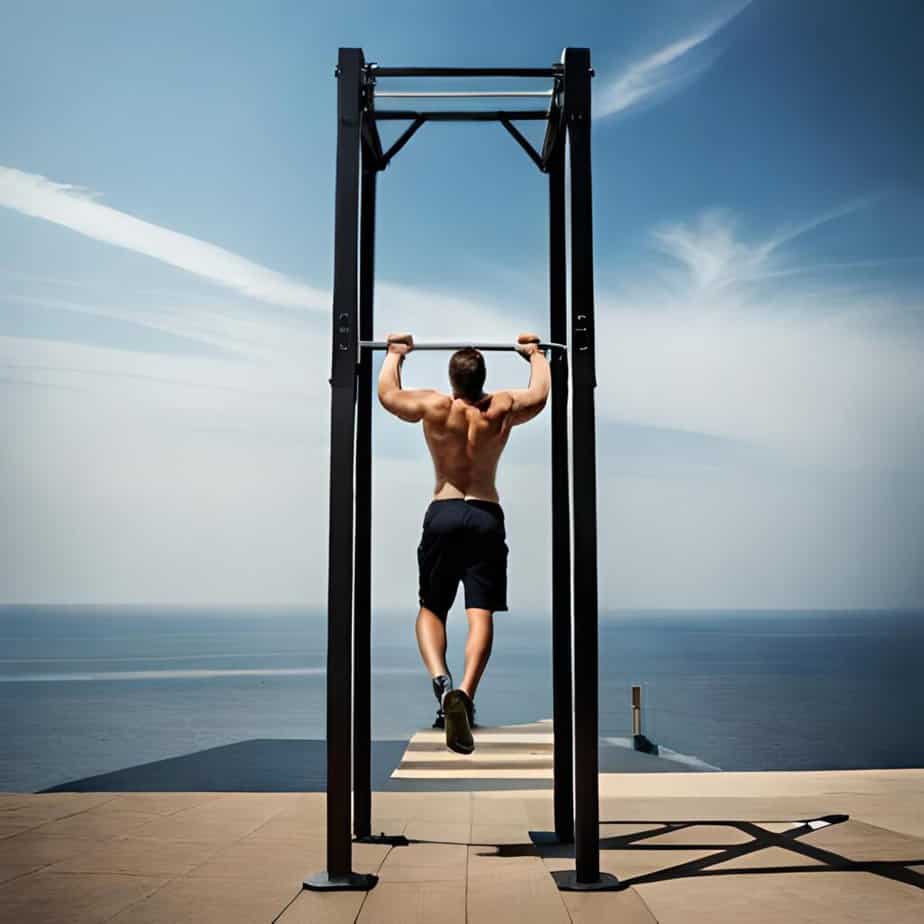 An athlete does pull ups on a power tower