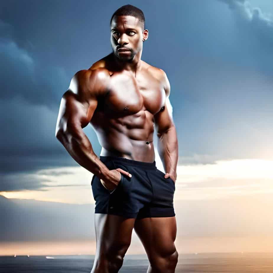 A male bodybuilder poses with hands in his pocket