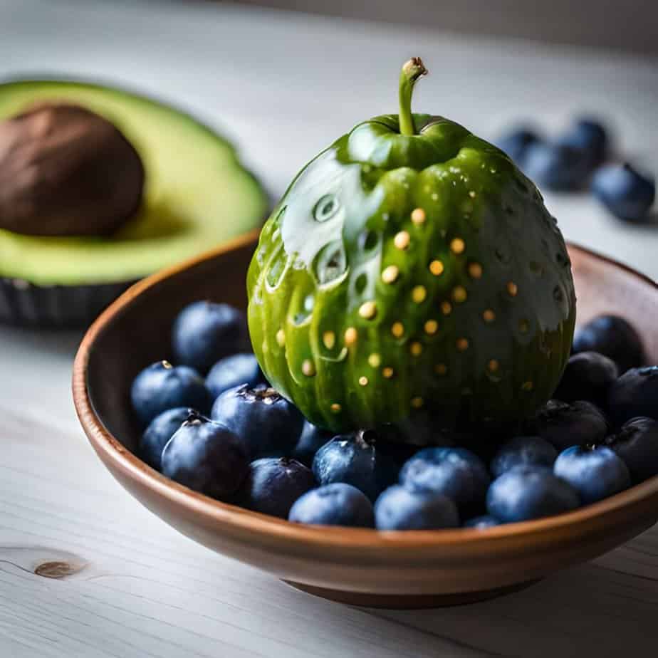A plate of blueberries, avocados 