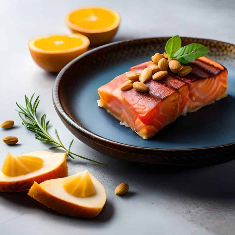 Salmon, vegetable, Oranges and walnuts