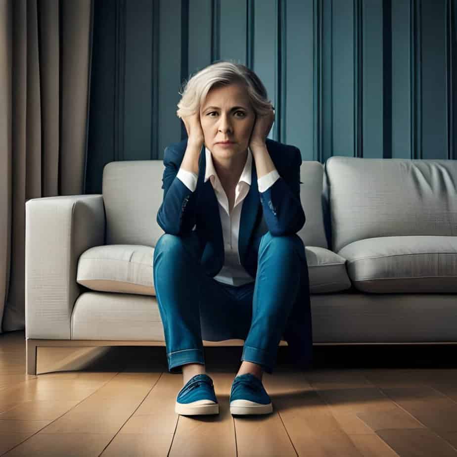 A lady sitting on a couch in her living room looking stressed.