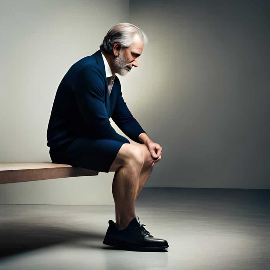 A man sits by himself holding his knee in pain
