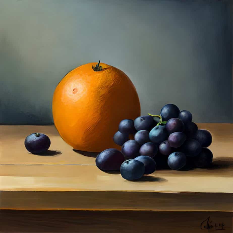 Oranges and grapes on a kitchen table