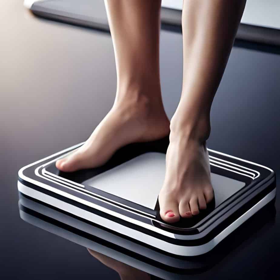 A woman stands on a weight scale weighing her weight