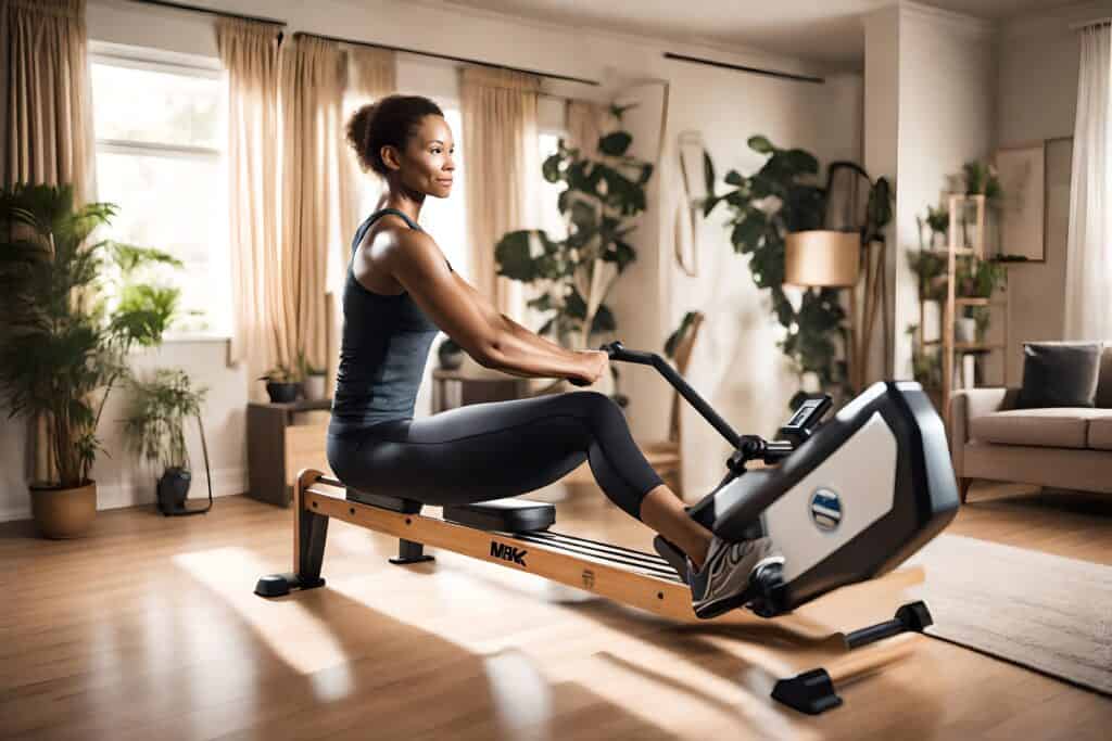 Lady exercising on a rowing machine in her living room