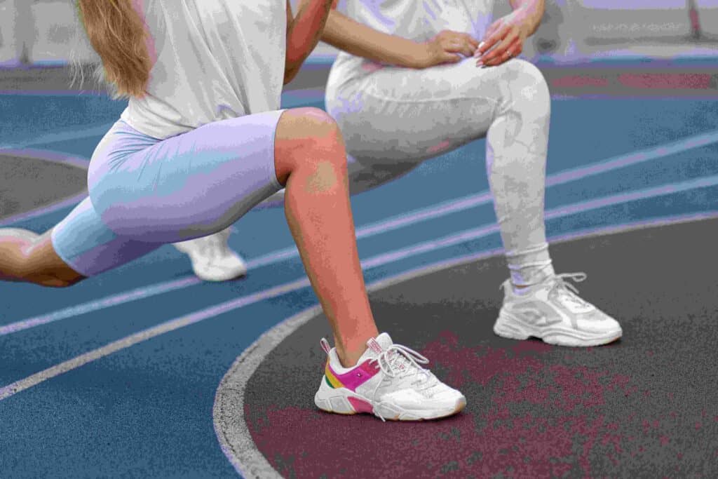 A male and female performing walking lunges on a stadium