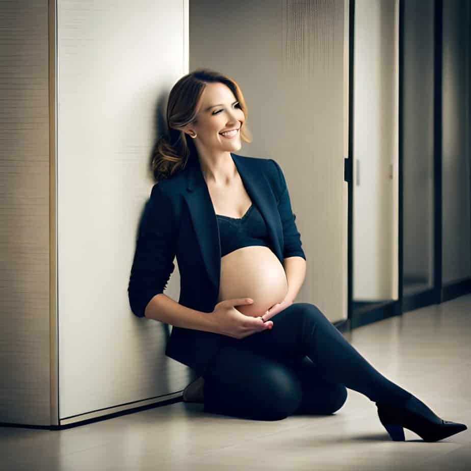 A happy and healthy pregnant woman sits on the floor holding her stomach and smiling