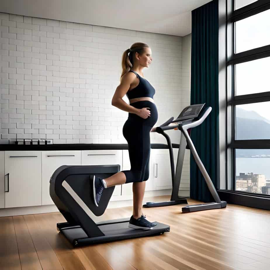 A pregnant woman walks on a treadmill in her home gym