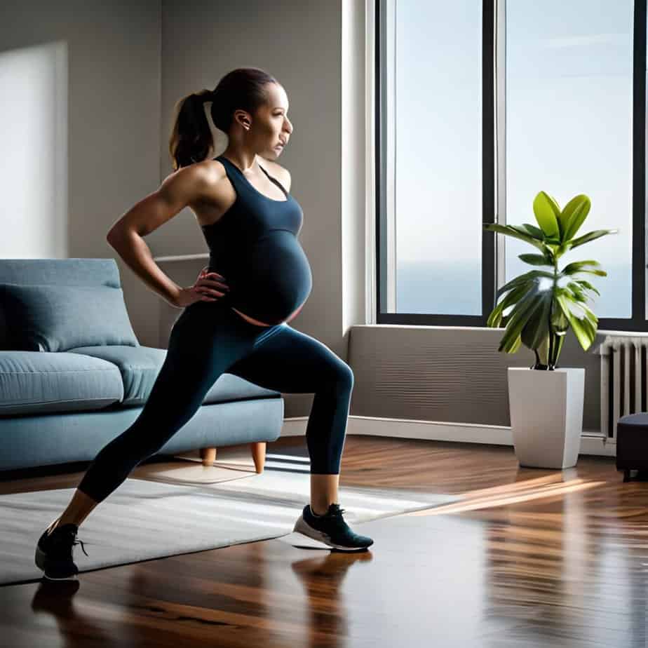 Pregnant woman does lunges exercises in her living room