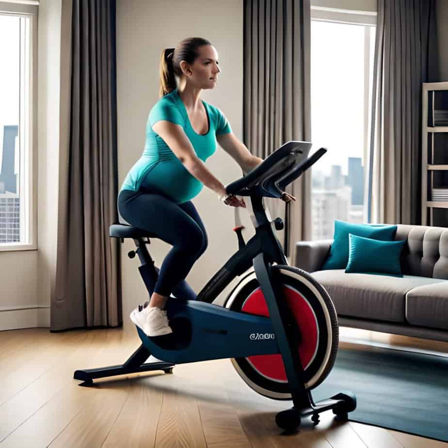 A pregnant exercises on a stationary cycling bike