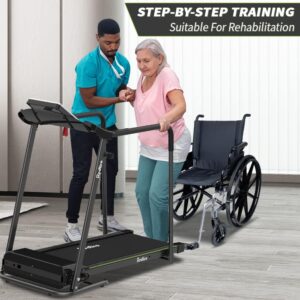 A care giver helps an elderly women to get onto the Redliro JK1608L Walking Treadmill for Seniors and Recovery 