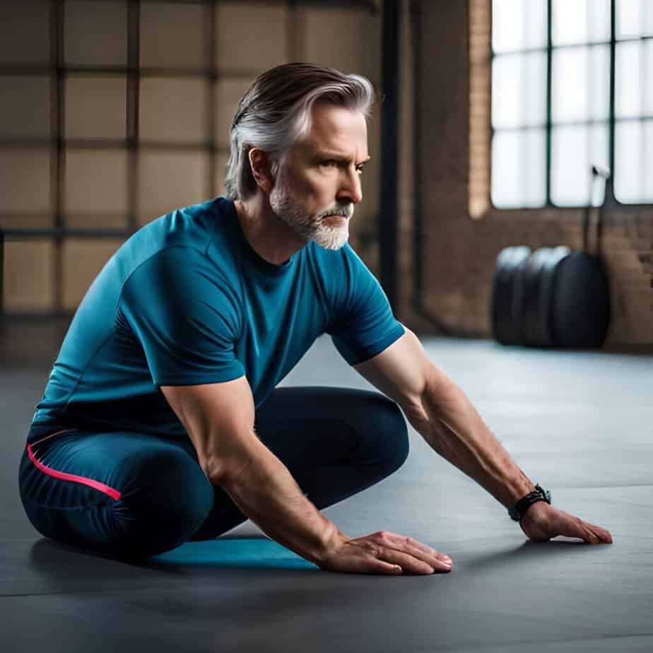 Man performs static stretches as he sits on his legs with his hands placed on the ground in front of him