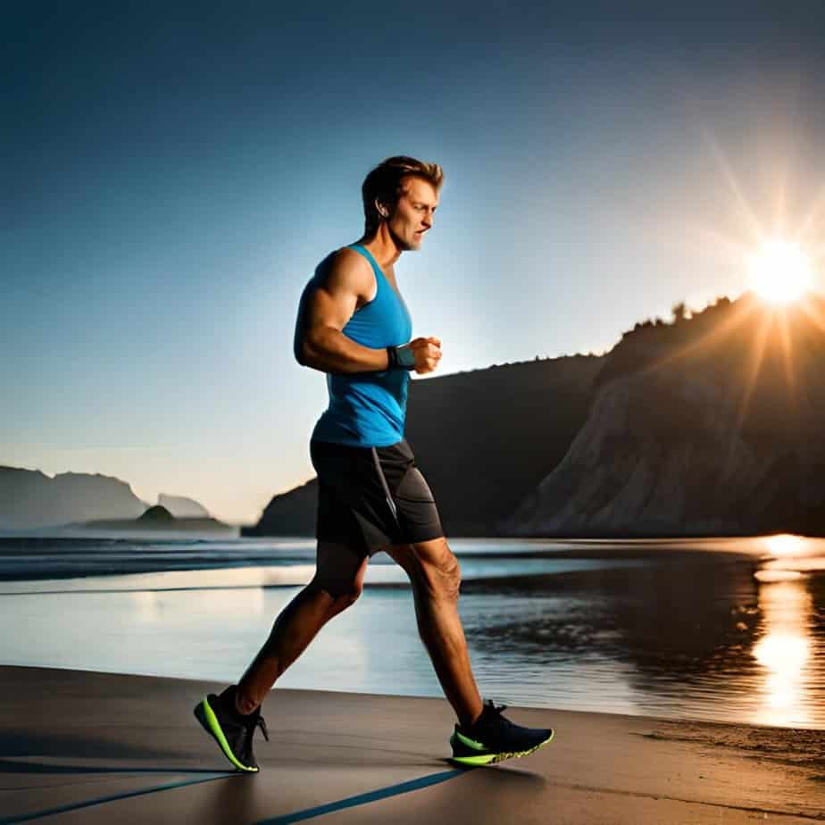 A man exercises outdoor by the sea at sunrise