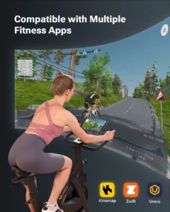 A lady exercises with the UREVO URSB005 Auto-Magnetic Exercise Bike while watching a virtual rail