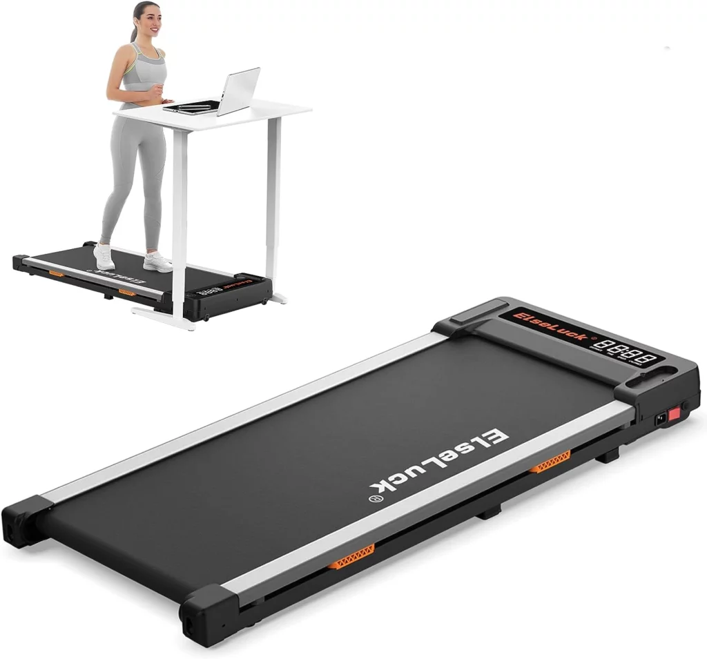 A lady works out on the Elseluck 2-in-1 Under-Desk Treadmill in front of a desk
