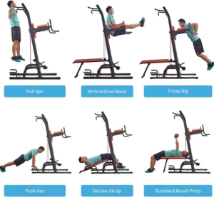 Samples of different exercises that could be performed with the Harison Power Tower with a Bench 