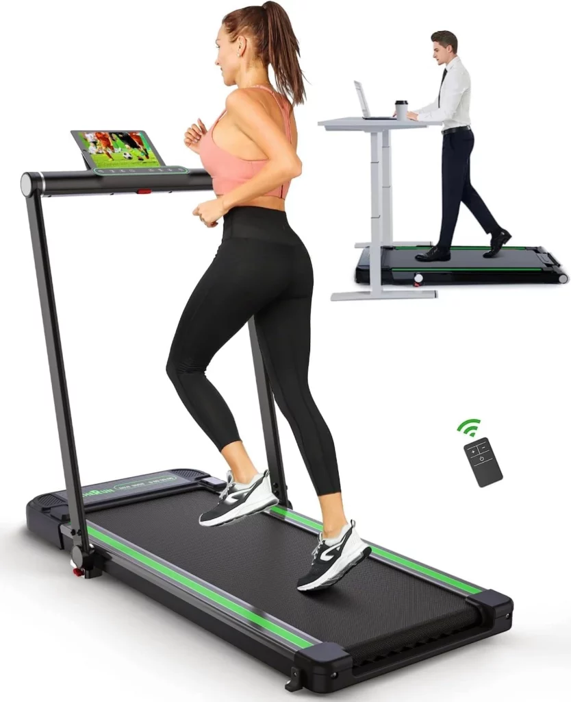 A lady and a man exercise on the THERUN 2-in-1 Under-Desk Walking Pad Treadmill