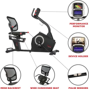 The console, the backrest, and the EKG handlebar of the Sunny Health & Fitness SF-RB4850 Recumbent Bike