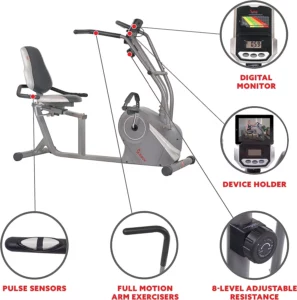 The console, handlebar, and the resistance control knob of the Sunny Health & Fitness SF-RB4936 Cross Trainer Recumbent Bike
