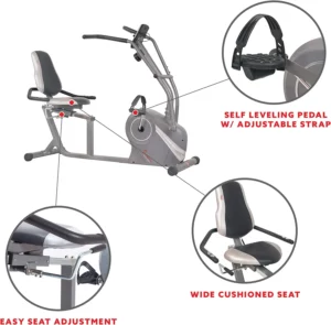 The seat, and the pedals of the Sunny Health & Fitness SF-RB4936 Cross Trainer Recumbent Bike